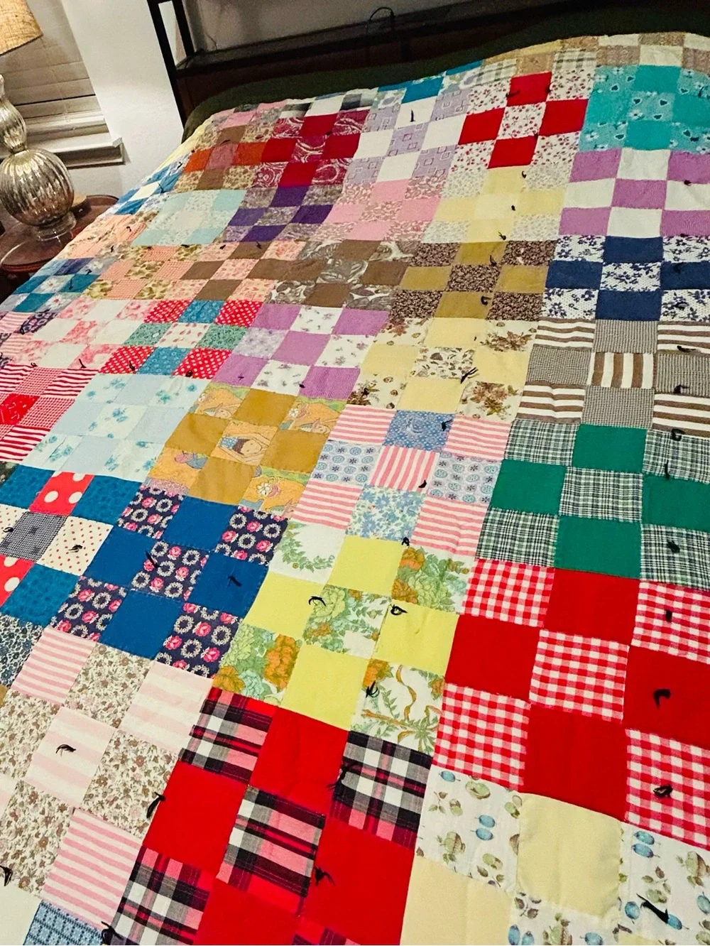 Whimsical Antique handmade cotton patchwork quilt rustic country folk art